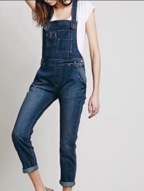 Free People Denim - Free People Distressed Denim Overalls Medium Dark Wash Size 27 - 15" W Laid Flat